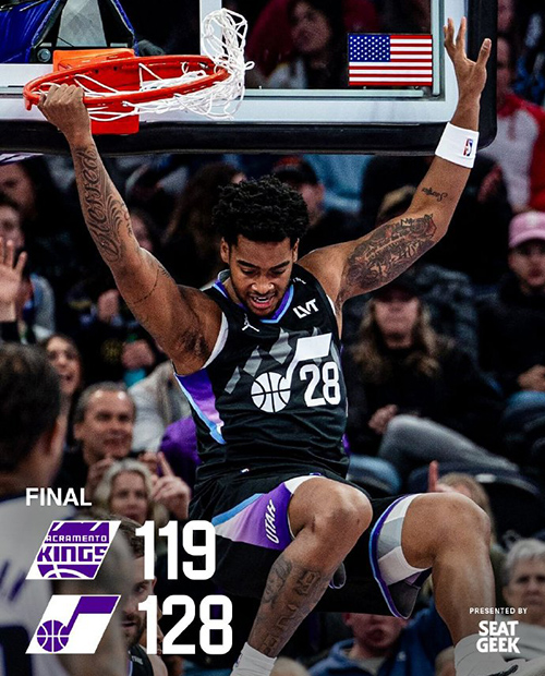 NBA杯-爵士128-119力克国王,威少16+12+14,拉文34分,乔治31分